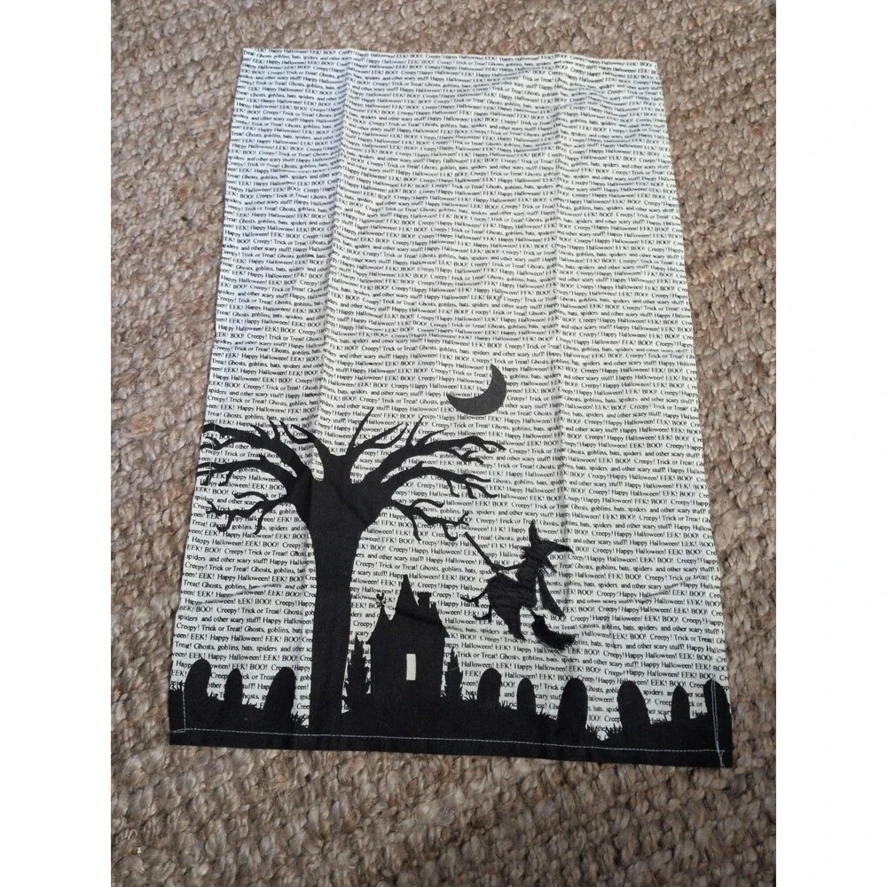 Halloween Tea Towel Witch Flying on Broom Spooky Tree Cemetery Holiday Kitchen